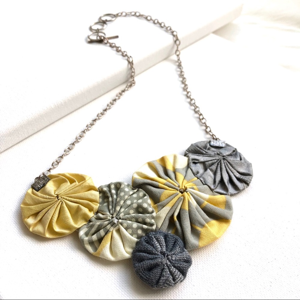 Statement Handmade Fabric Floral Necklace Gray Yellow 20.5”